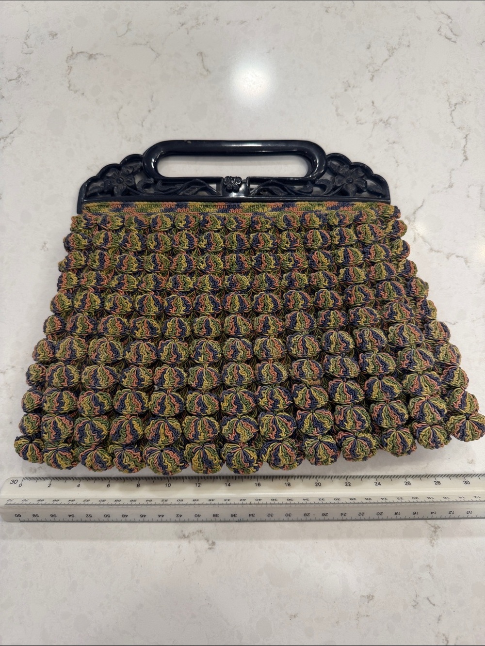 Vintage Handcrafted Multicolor Crochet Clutch with Black Handle